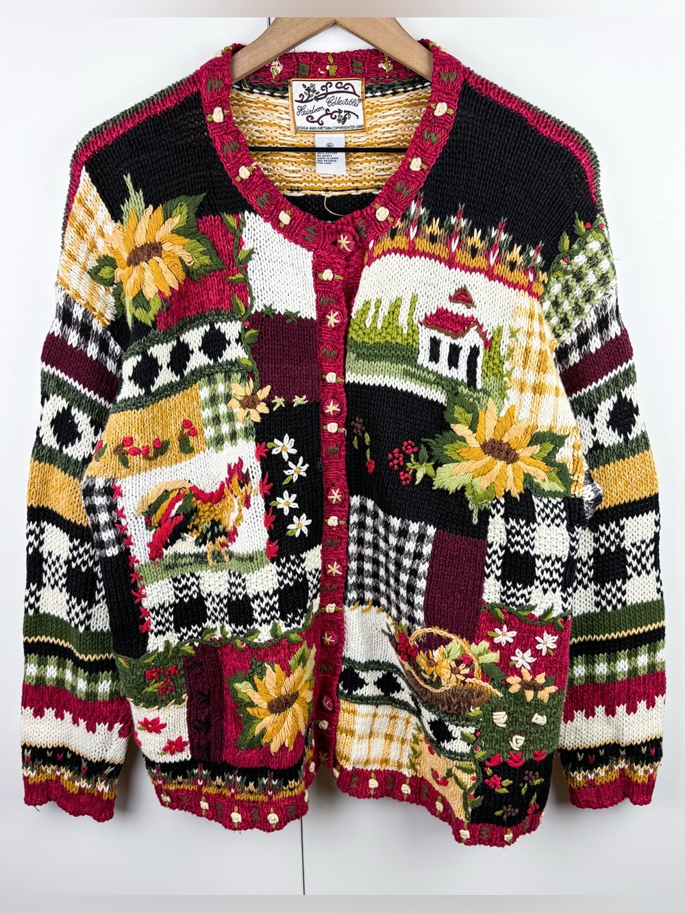 Vintage Harvest Autumn Rooster Sunflower Country Farm Novelty Cardigan Sweater